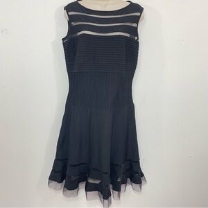 Tadashi Shoji Mesh Illusion Striped Dress Black Sleeveless Fit & Flare Size XL.